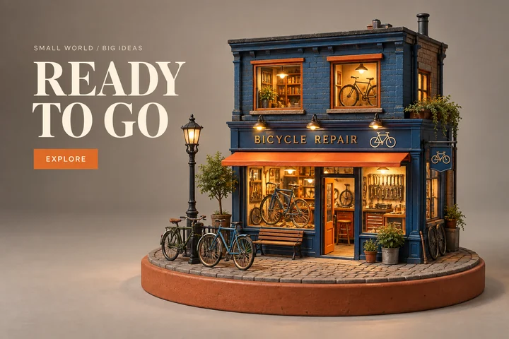 ภาพโปสเตอร์ร้านจักรยานจำลองพร้อมลุยบนฐานดินเผาทรงกลม มีข้อความด้านซ้าย