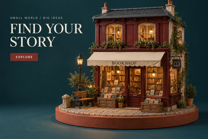 ภาพโปสเตอร์ร้านหนังสือจำลองมุมสงบบนฐานดินเผาทรงกลม มีข้อความด้านซ้าย