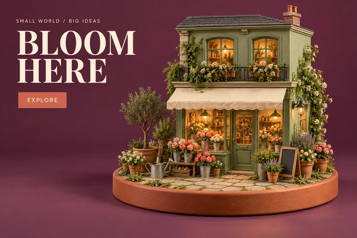 ภาพโปสเตอร์ร้านดอกไม้ในโลกใบเล็กบนฐานดินเผาทรงกลม มีข้อความด้านซ้าย