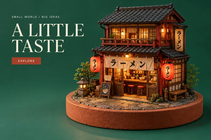 ภาพโปสเตอร์ร้านอาหารเส้นในโลกจิ๋วบนฐานดินเผาทรงกลม มีข้อความด้านซ้าย