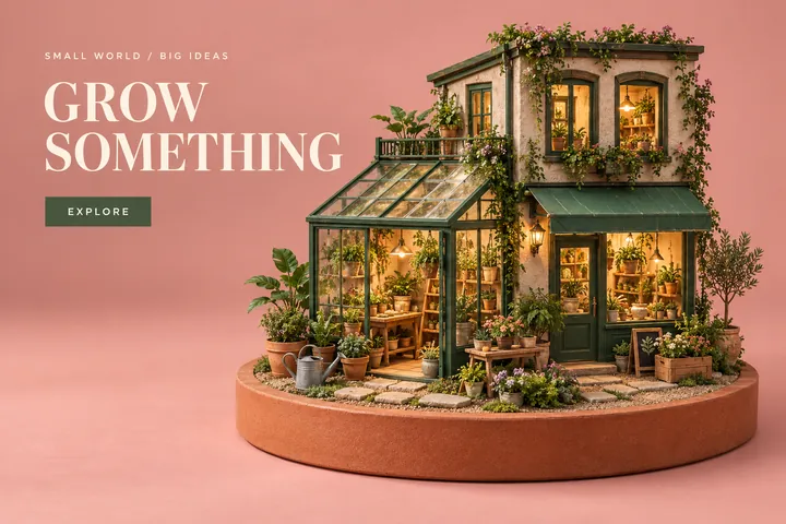 ภาพโปสเตอร์ร้านต้นไม้จำลองแสงละมุนบนฐานดินเผาทรงกลม มีข้อความด้านซ้าย