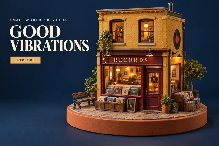 ภาพโปสเตอร์ร้านแผ่นเสียงจำลองสุดคลาสสิกบนฐานดินเผาทรงกลม มีข้อความด้านซ้าย