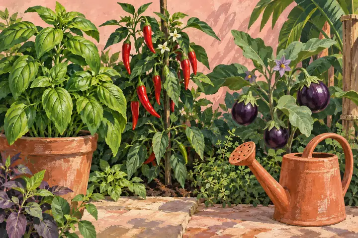 ใบโหระพา พริก และมะเขือในสวนครัว วาดด้วยสี gouache สีเขียวและแดงสด