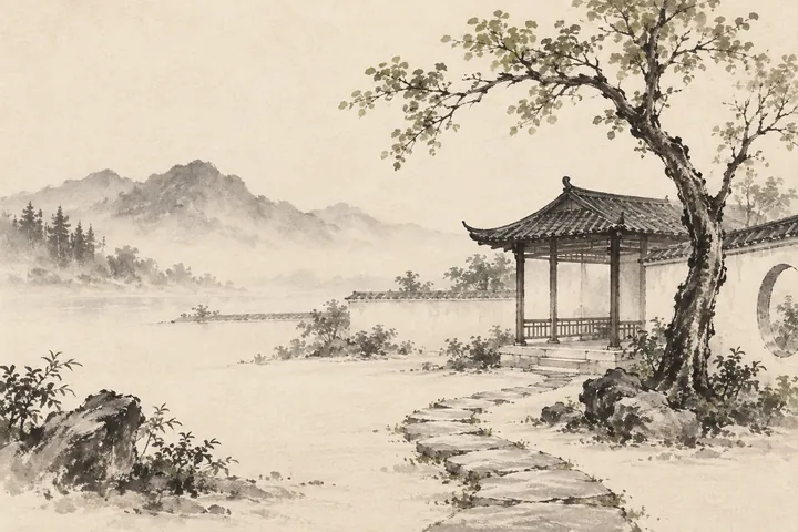 สวนเล็กและศาลาไม้ในภาพวาดหมึกดำบนกระดาษขาว มีใบไม้สีเขียวจาง ๆ