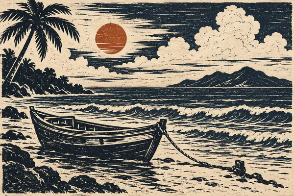 เรือประมงและคลื่นทะเลในภาพพิมพ์ลิโนคัตสีน้ำเงินเข้มกับสีดินเผา